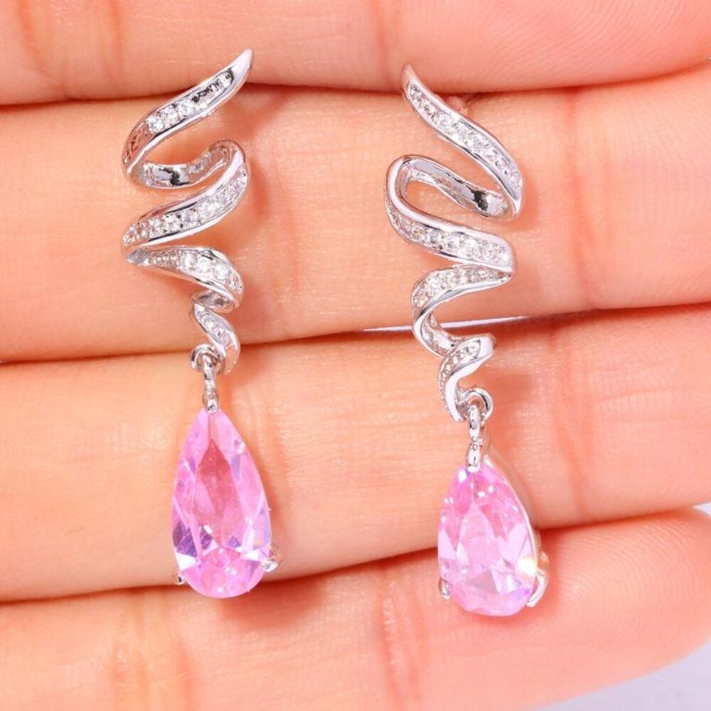 New - Pink Topaz With White Topaz Swirl Silver Earrings